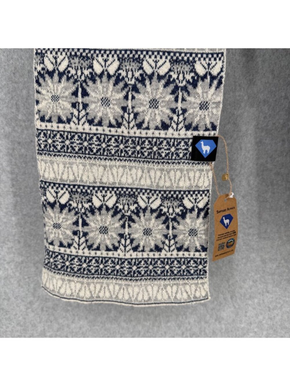 Sapphire Alpaca Scarf Arrowleaf Balsamroot Fair Isle Knit Made n Montana USA NEW - Picture 3 of 9